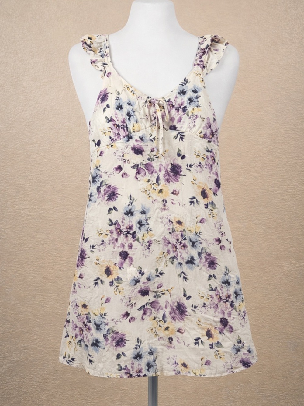 Linen blend Floral Mini Dress Cottagecore Front Tie Sleeveless Boho dainty Sz L